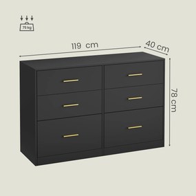 Cómoda com 6 gavetas 40 x 119 x 78 cm, armário de arrumação Preto