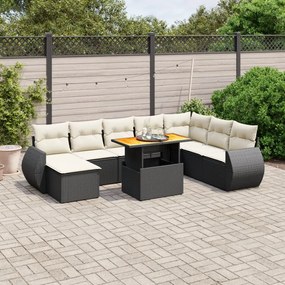 9 pcs conjunto de sofás p/ jardim c/ almofadões vime PE preto