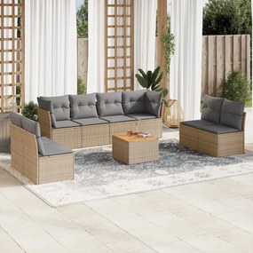 9 pcs conj. sofás jardim c/ almofadões vime PE bege misturado
