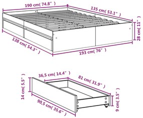 Estrutura de cama c/ gavetas derivados madeira cinza sonoma
