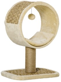 PawHut Árvore Arranhador para Gatos com Túnel Superior Poste Arranhador de Juta Natural Almofada Removível e Brinquedo Suspenso 40x30x56cm Bege