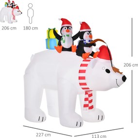 Urso Polar Insuflável, 227 x 113 x 206 cm, Luzes LED, Branco, Vermelho e Preto