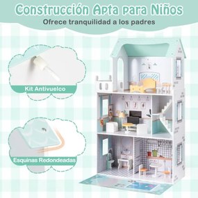 Casa de bonecas de madeira 74,5 x 34 x 120,5 cm com 18 peças de mobiliário e escada verde