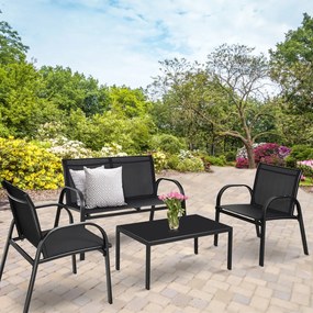 Conjunto Jardim de Mesa de Centro, 2 Cadeiras, Banco e Mesa de Centro de Jardim em Ferro e Malha para Terraço Exterior Preto