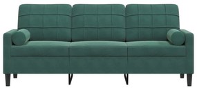 Sofá 3 lug. c/ almofadas decorativas 180 cm veludo verde-escuro