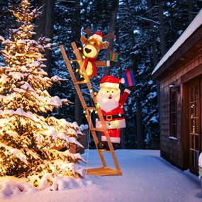 Rena e Pai Natal Iluminadas em Escada 3D Pré-iluminada com 100 LEDs para Interior e Exterior com Braçadeiras e Estacas 166 cm
