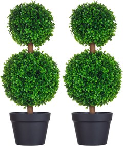 Conjunto de 2 árvores artificiais de buxo com duas esferas, incluindo tronco e vaso - altura 60 cm, verde
