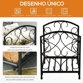 Suporte para Lenha Metálico Porta Lenha Exterior e Interior com Grade e Base Elevada Carga Máxima 50kg 39,5x31,5x39,5cm Preto