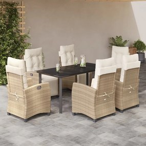 vidaXL 7 pcs conjunto de jantar p/ jardim com almofadões vime PE bege