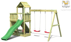 Parque infantil Crianças Exterior FLOPPI KDI Escorrega, 2 Baloiços, volante, telescópio, rampa com corda de trepar, mesa de piquenique, parede escalad