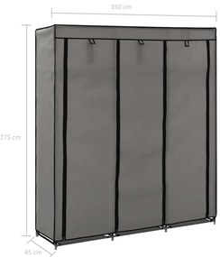 Roupeiro c/ compartimentos e varões 150x45x175 cm tecido cinza