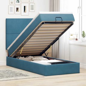 Estrutura cama otomana com colchões azul escuro 90x190cm veludo