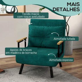 Poltrona Convertível em Cama Dobrável com Encosto Ajustável em 5 Níveis e Almofada Acolchoada Carga 120 kg 63x73x81 cm Verde