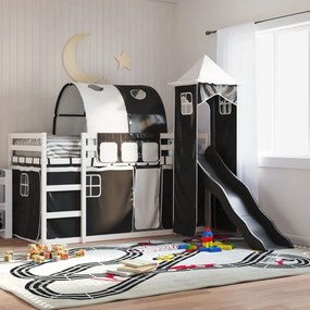 vidaXL Beliche com escorrega e cortinas 90x200 cm branco e preto