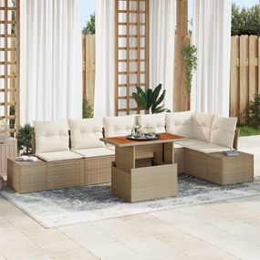 vidaXL Conjunto de Jantar de 7 Peças com Almofadas Bege Poly Rattan Acácia