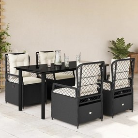 5 pcs conjunto de jantar p/ jardim c/ almofadões vime PE preto