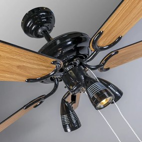 Ventilador de teto preto 110cm 3-luzes com cordão de tração - Mistral