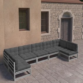 7pcs conjunto lounge de jardim c/ almofadões pinho maciço cinza