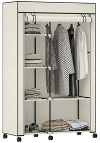 Guarda Roupa de Tecido Dobrável com 6 Prateleiras 1 Barra de Pendurar e Rodas para Quarto 103x43x162,5 cm Creme