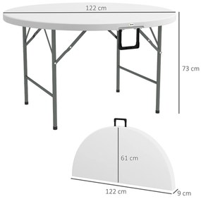 Mesa de Jardim Redonda Mesa de Varanda Dobrável com Estrutura de Aço e Bancada de HDPE Ø122x73 cm Branco