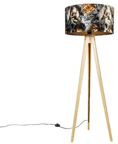 Candeeiro de pé tripé natural com abajur floral 50 cm - Tripod Classic