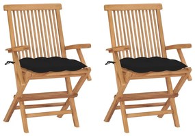 vidaXL Cadeiras de jardim c/ almofadões pretos 2 pcs teca maciça