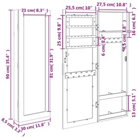 Móvel para joias de parede espelhado 30x8,5x90 cm branco