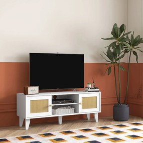 Móvel de TV para Televisores de até 55 Polegadas com 2 Portas de Vime e Prateleira Ajustável 20x35x46 cm Branco