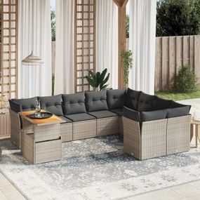 10 pcs conjunto sofás de jardim c/ almofadões vime PE cinzento