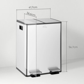 Caixote de Lixo de Cozinha com 2 Compartimentos 2x20L Pedal Tampa de Fechamento Suave e Cubo Amovível Prata