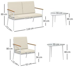 Conjunto de Jardim de 5 Peças com 1 Sofá de 2 Lugares 2 Poltronas e 2 Mesas de Centro com Bancada de Vidro Creme