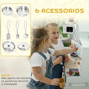 Cozinha de Madeira com Som Cozinha de Brincar com Acessórios em Aço Inoxidável Máquina de Lavar Micro-Ondas, Lava-Loiça 79,5x24x94 cm Branco
