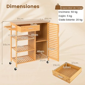 Carrito con Ruedas Carro Aparador de Bambú con Superficie Amplia Cajón 3 Estantes para Cocina y Salón 91 x 44 x 89 cm Natural