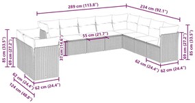 10 pcs conj. sofás jardim com almofadões vime PE cinzento-claro