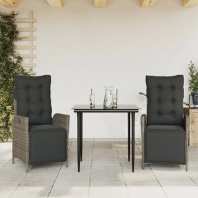 3 pcs conjunto de jantar p/ jardim c/ almofadões vime PE cinza