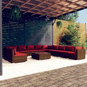 vidaXL 12 pcs conjunto lounge de jardim c/ almofadões vime PE castanho