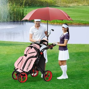 Carrinho de golfe dobrável, leve e de 4 rodas, com saco impermeável e travão de pé, suporte ajustável para guarda-chuva e copo - vermelho