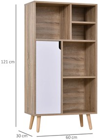 Móvel Aparador Alto Armário Auxiliar de Sala de Estar com 5 Compartimentos e 1 Porta Multiuso para Sala de Jantar Cozinha Dormitório 60x30x121cm Carva