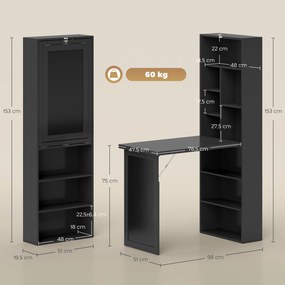 Secretária dobrável com estante, posto de trabalho, quadro negro e prateleira ajustável, 98 x 51 x 153 cm, preta