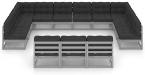 13 pcs conj. lounge jardim c/ almofadões pinho maciço cinzento