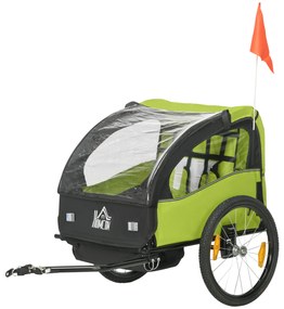 HOMCOM Reboque de Bicicleta para Crianças de 2 Lugares com Cinto de Segurança e Sistema de Amortecimento 140x88x90 cm Verde | Aosom Portugal