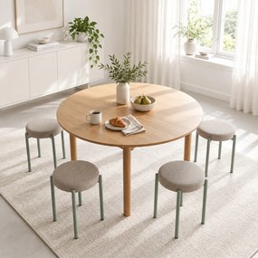 Conjunto de 4 Bancos Redondos Empilháveis (MESA NÃO INCLUIDA), 45 x 45 x 47,5 cm, Assento Almofadado, Castanho-Claro
