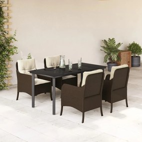 5 pcs conjunto jantar p/ jardim c/ almofadões vime PE castanho