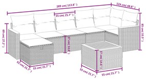 8 pcs conjunto sofás de jardim c/ almofadões vime PE cinzento