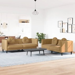 2 pcs conjunto de sofás com almofadas veludo castanho