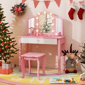 Conjunto de Toucador infantil Princesa 2 em 1 com espelho removível, luzes ajustáveis, banquinho e gaveta em imitação de madeira para maiores de 3 ano