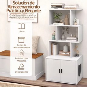 Móvel de caixa areira oculta para gatos com 3 prateleiras abertas, entrada lateral e portas 60 x 45,5 x 142 cm Branco