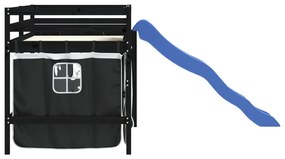 Cama alta criança c/ cortina 90x190cm pinho maciço branco/preto