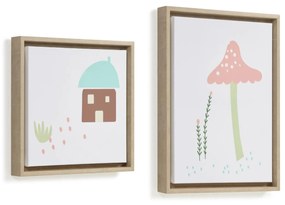Kave Home - Set Leshy de 2 quadros casa azul e cogumelo rosa 30 x 30 cm / 30 x 40 cm