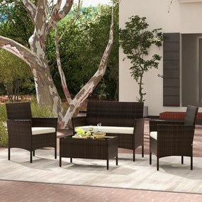 Conjunto de jardim, 4 peças: mobiliário de exterior com cadeira, sofá de 2 lugares e mesa de vidro temperado Castanho misto e almofadas Creme